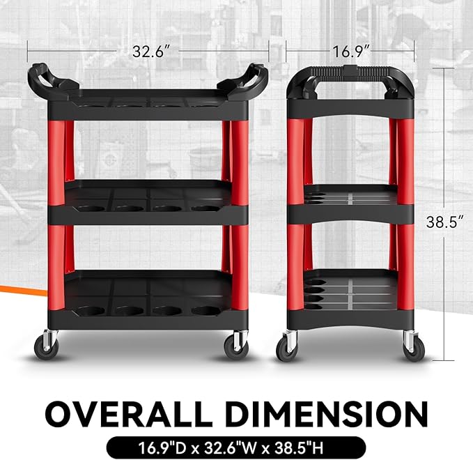 Auto Dynasty 3-Tier Rolling Cart Trolley Storage Detailing Cart with Cup Holders 120kg Capacity on Wheels Fits Home, Garage, Warehouse, Hotel and Workshop Use, Black