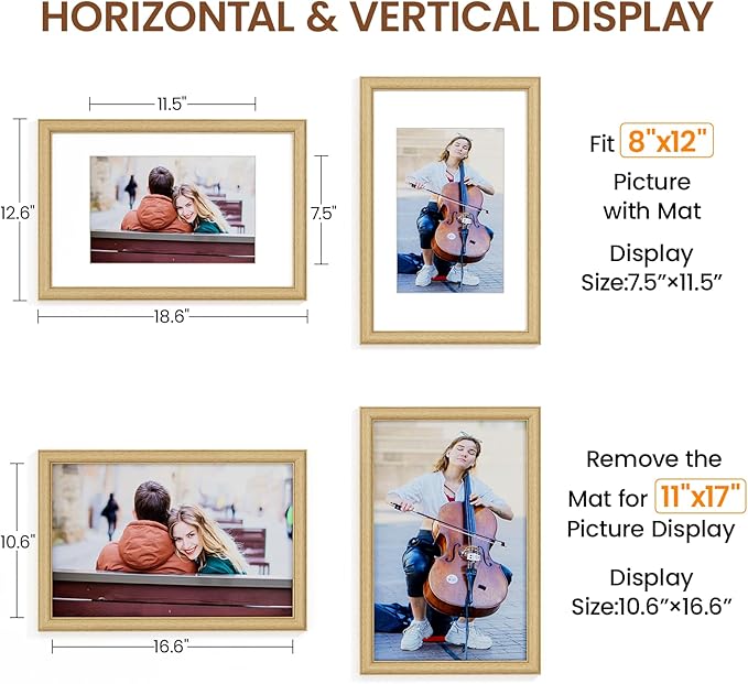 Natural Oak 11x17 Picture Frames Mat to 8x12 Picture Display Set of 3,Original Wood Handcrafted 11x17 Diploma Frame with Tempered Glass Graduation Family Wedding Certificate Photo Wall Mounted