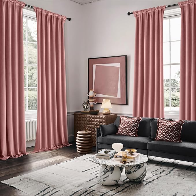 MIULEE Velvet Curtains 108 Inches Length 2 Panels Set for Bedroom, Pinch Pleat Back Tab Luxury Thermal Insulated Pink Living Room Darkening Pleated Blackout Extra Long Curtains with Hooks, Dusty Rose