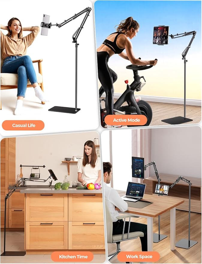 Tryone Tablet Floor Stand for Kindle Holder: E-Book Bed Mount with Page Turner Remote & Flexible Adjustable Arm, 1.85 kg Heavy-Duty Metal Base Compatible with Devices from 4.7-16.1 inches (Black)