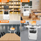 Large Steel AV Cart with Wheels and Drop Leaves, Height Adjustable AV Cart with Locking Cabinet and Power Strips, Rolling Computer Workstation with Pullout Keyboard Tray for Office & Classroom