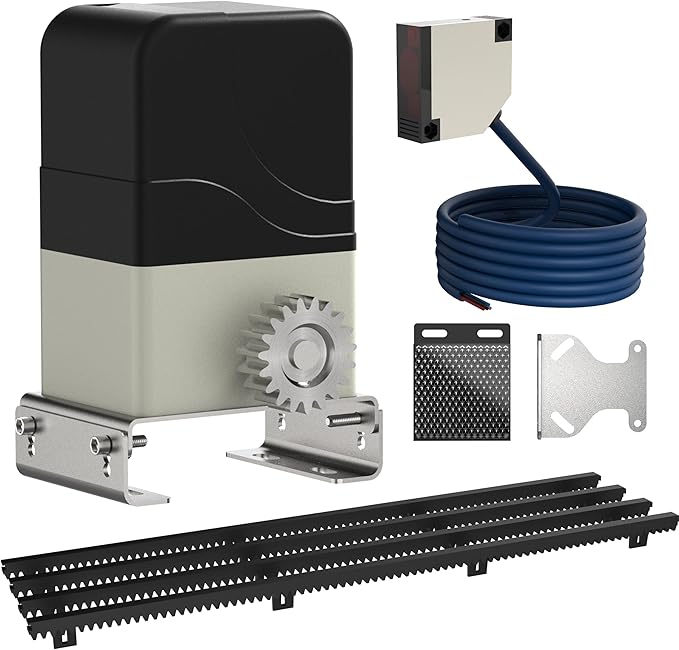 Blütezeit MJ-300 Sliding Gate Opener with 13.12ft Nylon Gear Racks & 13ft Retro-Reflective IR Safety Sensor – 900lb AC Gate Motor with Quiet Rack Drive & Enhanced Obstruction Detection
