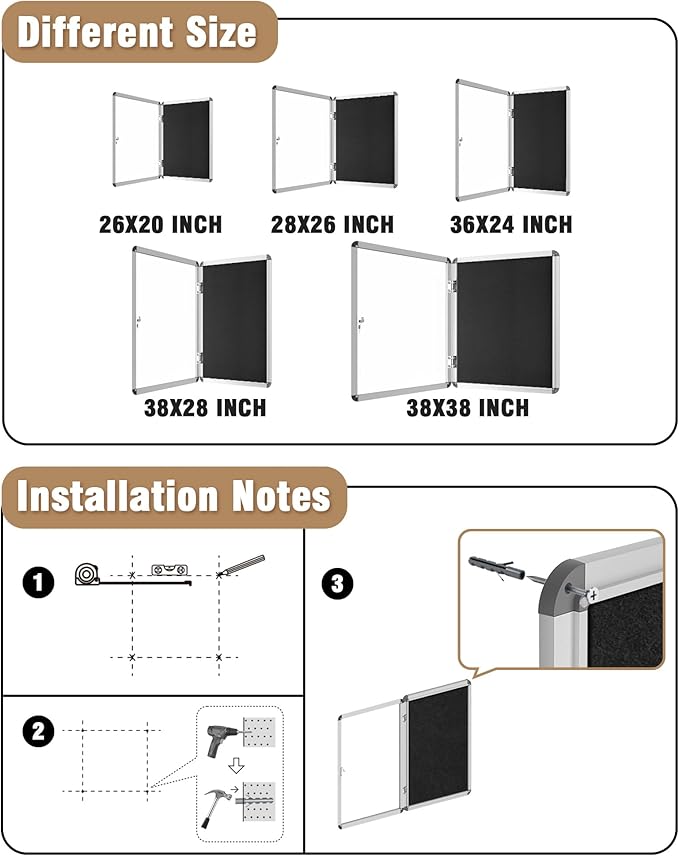 Mifuro 38"x28" Enclosed Bulletin Board, Lockable Weather-Resistant Aluminum Cork Noticeboard for School & Office, Silver Frame w/Black Flet