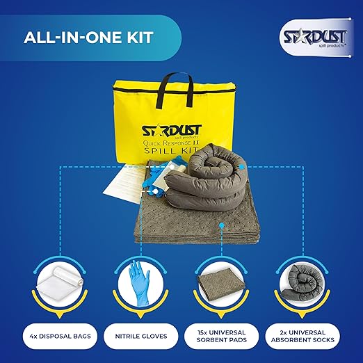 Stardust Spill Products Universal Spill Kit – OSHA Compliant Solution for Vehicles, Industrial, & Restaurant Use, Emergency Response Chemical, Water, & Bodily Fluid Cleanup, 6-Pack