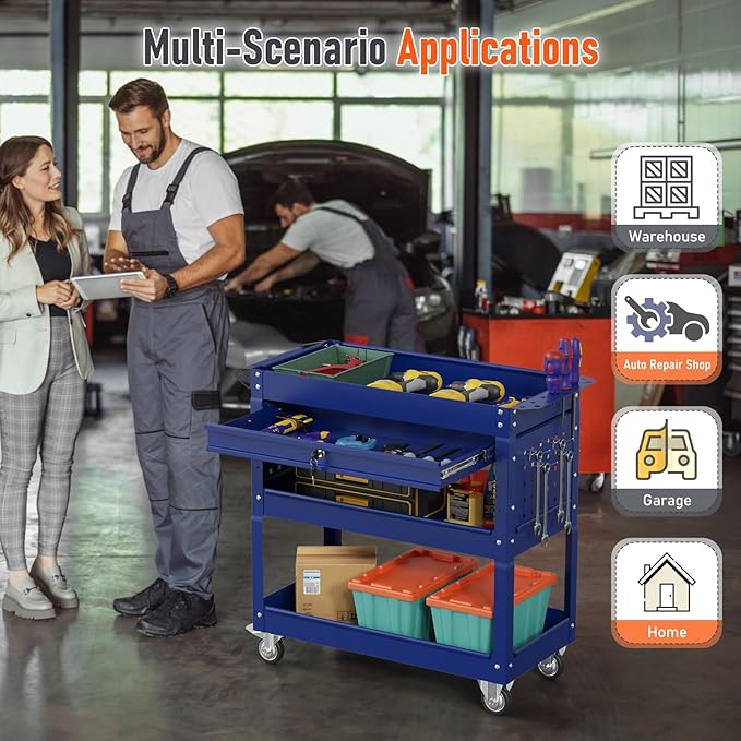 3 Tier Rolling Tool Cart, Heavy Duty Service Cart on Wheels for Mechanics,400 LBS Utility Cart with Drawers for Garage, Warehouse & Repair Shop (DARKBLUE)