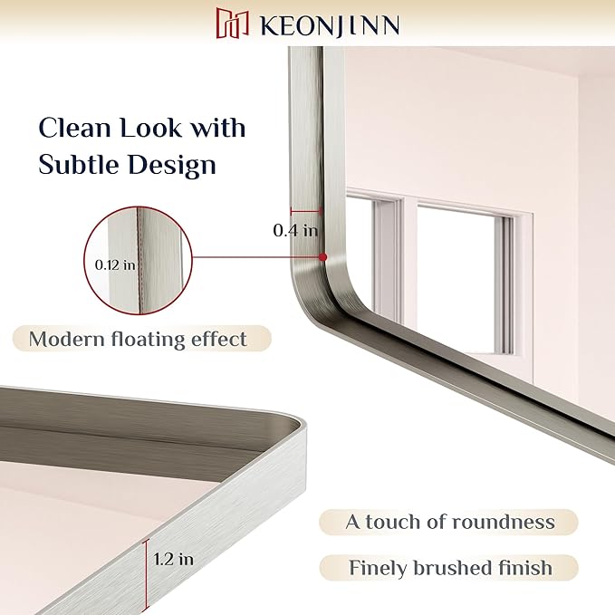 Keonjinn 28 x 36 Inch Brushed Nickel Bathroom Mirrors for Over Sink, Rounded Rectangle Silver Bathroom Vanity Mirror, Farmhouse Mirror for Wall, HD Tempered Glass, Anti-Rust Aluminum Alloy Mirror