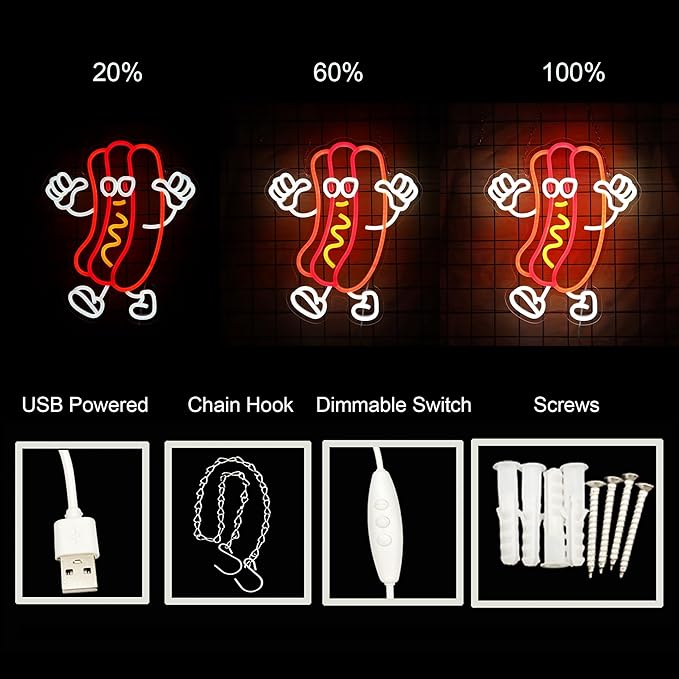 Hot Dog Dancing Neon Signs for Hotdog Themed Party Decorations LED Neon Hot Dog Light Up Sign for Room Wall Decor hotdog Gifts 12.8 * 15.2 Inch
