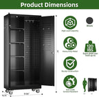 Broom Closet Storage Cabinet with Wheels and Pegboard,Metal Garage Storage Cabinet with Doors and Adjustable Shelves for Garage Home,Required Assembly,Black