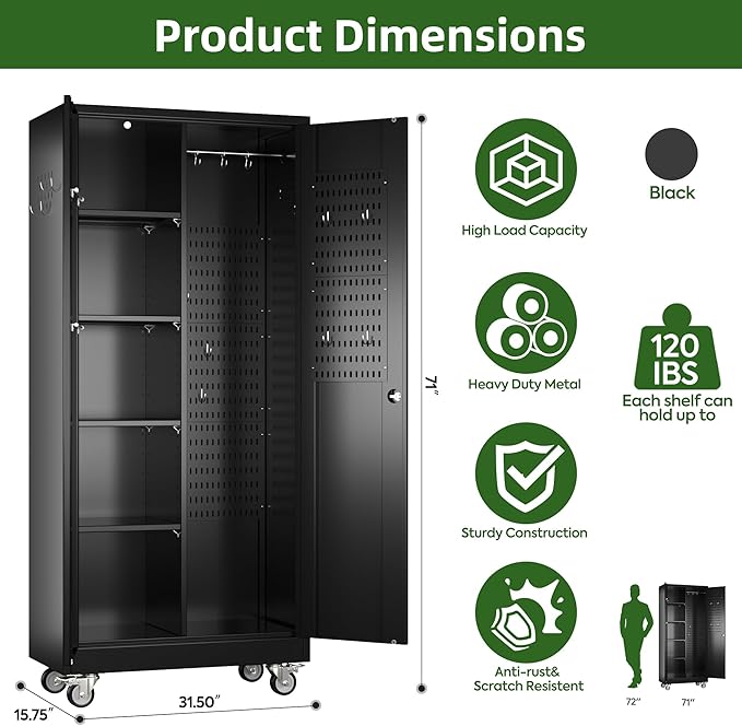 Broom Closet Storage Cabinet with Wheels and Pegboard,Metal Garage Storage Cabinet with Doors and Adjustable Shelves for Garage Home,Required Assembly,Black