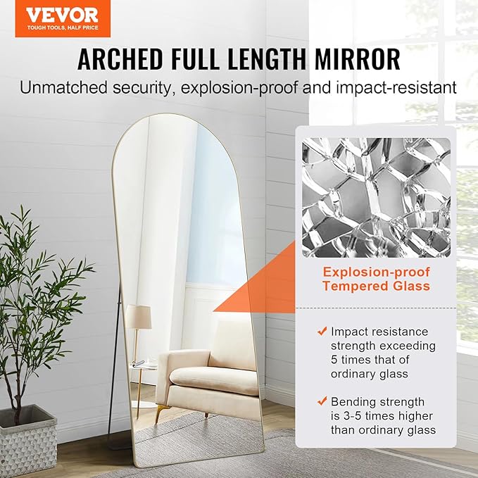VEVOR Full Length Mirror, 71'' x 30'' Large Gold Arched Floor Mirror with Stand Aluminum Alloy Frame, Free Leaning Hanging Wall Mounted, Full Body Mirror for Bedroom Living Room