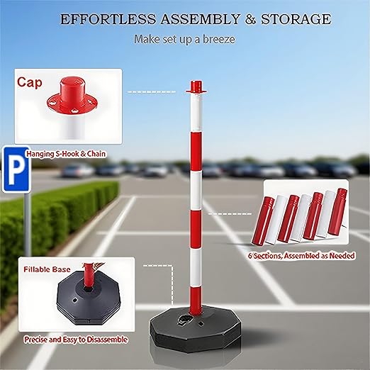 Adjustable Traffic Delineator Post Cones,6 Pack 34 Inch,Traffic Safety Delineator Barrier with Fillable Base 6.6FT Chain, for Traffic Control Warning Parking Lot Construction Caution Roads, Red&White