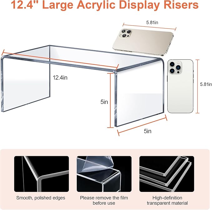 Large Acrylic Risers 4 Pcs - 5mm Thick Clear Display Risers (12.4″ x 5″ x 5″) for Perfume Organizer, Collectibles, Figures, Jewelry & Retail Showcase