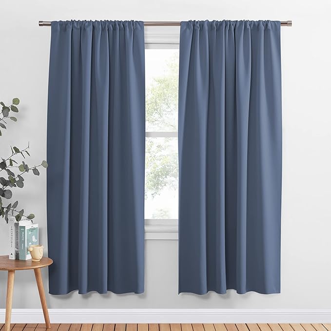PONY DANCE Stone Blue Blackout Curtains for Living Room, Rod Pocket Thermal Insulated Black Out Window Curtain Panels for Boy's Bedroom, Blue Haze, W 42 x L 72 inch, 2 Pieces