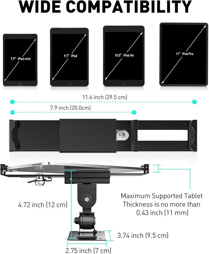 AboveTEK Tablet Wall Mount -360° Rotation iPad Wall Holder for Retail & Business, Anti Theft iPads Stand Fits 7"-11" Tablets Including iPad Pro/Air/Mini, Galaxy Tab - Security Lock & Key - (Black)