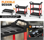 Auto Dynasty 3-Tier Rolling Cart Trolley Storage Detailing Cart with Cup Holders 120kg Capacity on Wheels Fits Home, Garage, Warehouse, Hotel and Workshop Use, Black