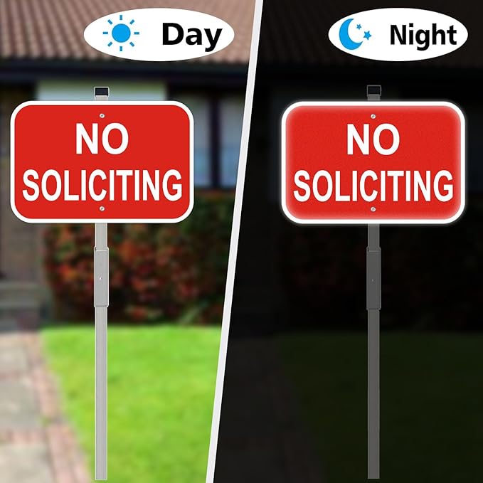 No Soliciting Sign with Stake, 12" x 8" Heavy Duty Aluminum Signs & 28" Long Aluminum Alloy Stakes, Red No Soliciting Sign for House, Home Yard Decor