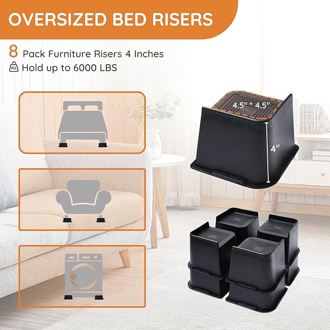 Bed Risers, Oversized Furniture Risers, 4 inch Raise Blocks for Bed Couch Desk Sofa Table Lifts, Furniture Legs Lifters Support up to 6000 Lbs (Black, 8 Pack Set)