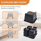 Bed Risers, Oversized Furniture Risers, 4 inch Raise Blocks for Bed Couch Desk Sofa Table Lifts, Furniture Legs Lifters Support up to 6000 Lbs (Black, 8 Pack Set)