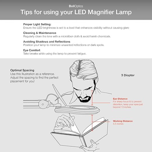 (5 inch Glass Lens) Professional LED Magnifying Lamp with Clamp, Dimmable, 1200 Lumens, 5600K-6000K Daylight Bright 60 SMD LED, Work Light Mounting Bracket Clamp (3 Diopter) BoliOptics MG16303121