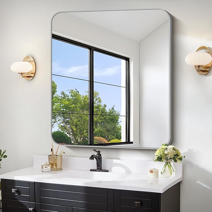 FORBATH 30x30 Inch Silver Bathroom Mirror for Over Sink, Large Square Wall Mirror with Metal Frame, Rounded Corners for Bathroom, Bedroom, Entryway Decor (Horizontal or Vertical)