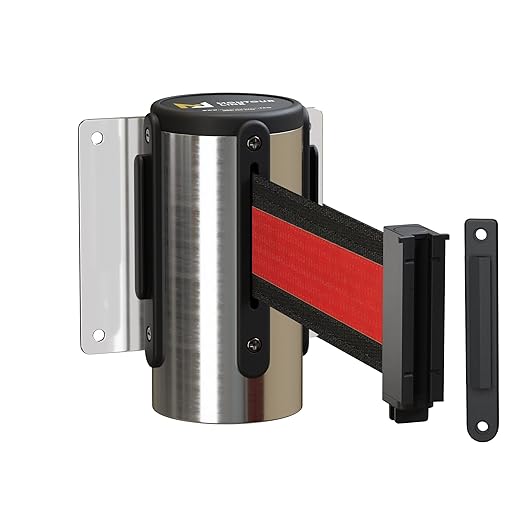 Montour Line WM115 Wall Mounted Retractable Belt Barrier with Standard Belt End, Fixed Mount, Polished Stainless Steel Casing (8.5 ft Black with Horizontal Red Stripe Belt)