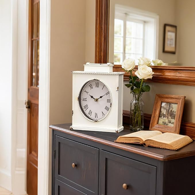 MODE HOME Vintage Mantel Clock with Distressed Finish, Antique Style Battery Operated Metal Decorative Table & Mantel Clock for Living Room Fireplace, Large Decorative Desk & Shelf Clocks for Home