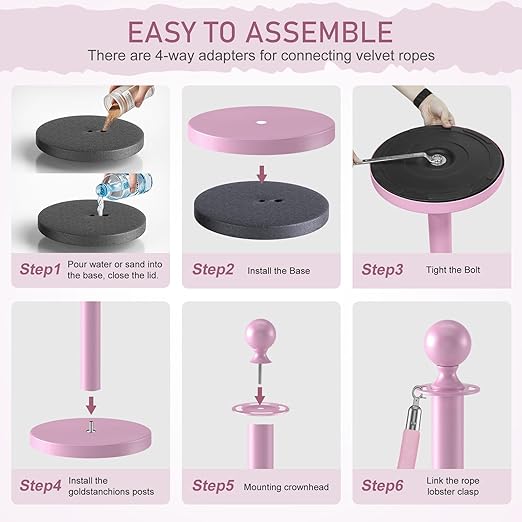 kaiyomi 4Pcs Stanchions with Pink Velvet Ropes Set, 5 Feet Velvet Ropes and Posts Poles for Red Carpet Party Decoration and 360° Photo Booth (Pink)