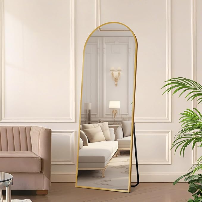 57"x20" Full Length Mirror with Stand, Shatterproof Arched Floor Mirror, Aluminum Alloy Thin Frame - Freestanding/Leaning/Wall Mount for Bedroom, Living Room & Entryway (Gold)