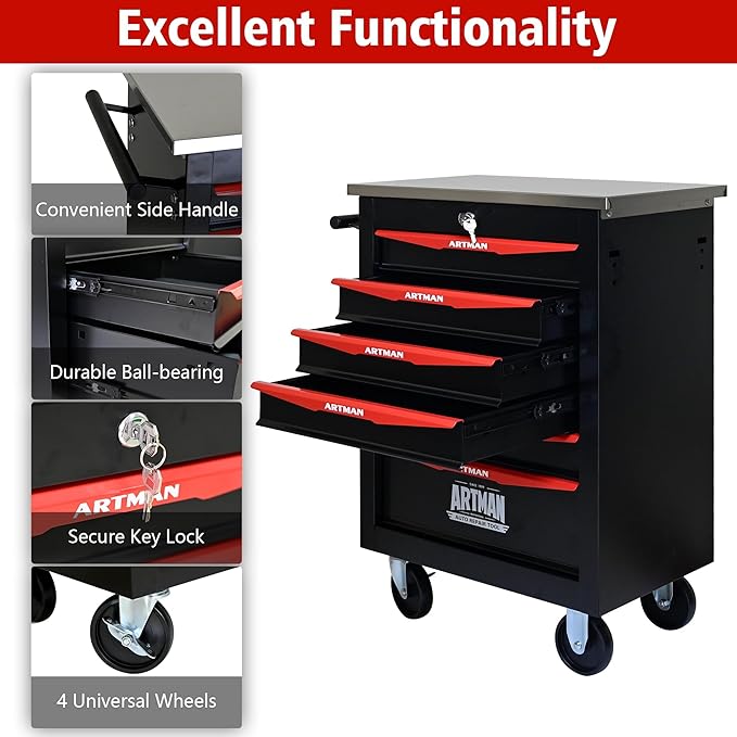 6-Drawer Heavy-Duty Rolling Steel Tool Cart with Handle&Wheels, Metal Storage Organizer Cabinet, Tool Chest for Efficient Tool Storage in Garage, Warehouse, Workshop, Repair Shop, Black&RED