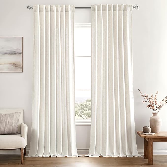 MIULEE Non-See-Through Privacy Linen Curtains 2 Panels, Light Filtering Window Curtains Farnhouse Textured Back Tab Semi Sheer Drapes for Bedroom Living Room, 52 x 120 Inches Long, Natural White