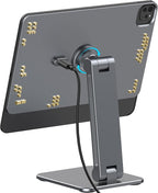 Magnetic iPad Stand with Wireless Charging, 18W Charger, Suction Cup Base, 360° Rotating Panel & Foldable, ONLY for iPad Pro11"(4th/3rd/2nd), Air11"(M3/M2), Air10.9"(5th/4th), Work & Study Desk - Gray