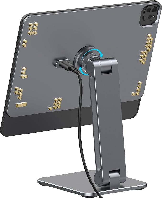 Magnetic iPad Stand with Wireless Charging, 35W Contact Fast Charger, Suction Cup Base, 360° Rotating Panel & Foldable, Compatible with iPad Pro11 M5 & M4 ONLY, Work & Study Desk - Gray