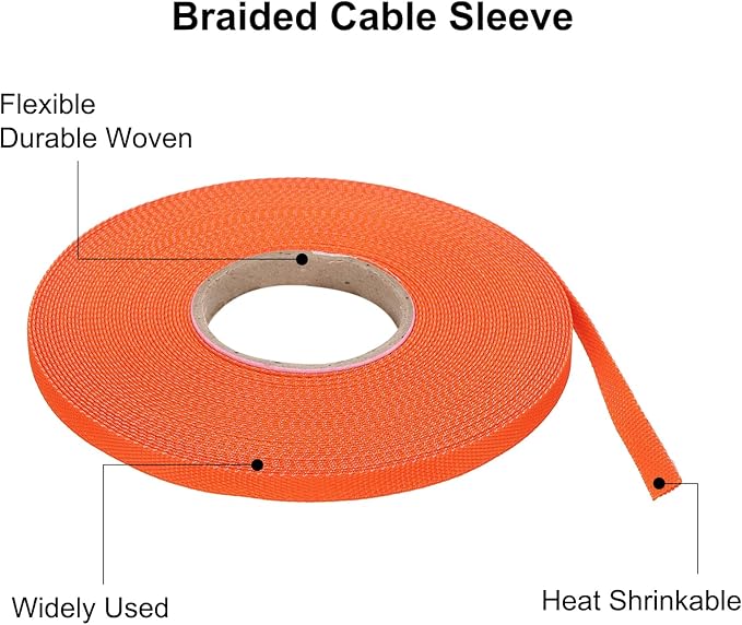MECCANIXITY Braided Cable Sleeves Heat Shrinkable Fabric Sleeving, 1/4" 60ft Orange 2:1 Ratio Heat Shrinkable Cord Protector for Harness Cable, Network Cable Protection, Cable Management
