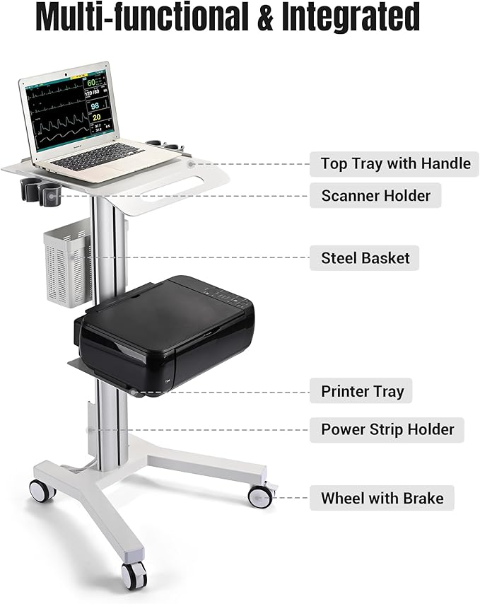 AW Medical Mobile Laptop Cart Rolling PC Stand Ultrasound Imaging Cart Computer Workstation on Wheels with Handle 220 Lbs Capacity CPU Printer Power Strip Holder for Dentistry Clinic Lap Hospital