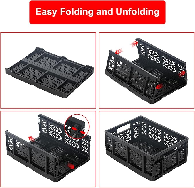 Heavy Duty Plastic Milk Crates for Storage, 4-Pack Stackable Storage Bins for Organizing, Collapsible Storage Basket with Handle for Groceries, Suitable for Home Office School Store, Black