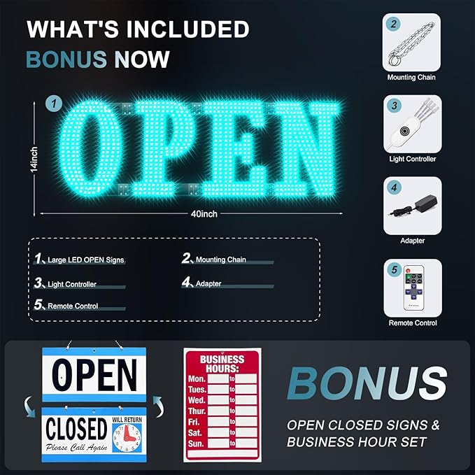 Large LED Open Signs for Buiness with 13 Scene Modes, 40" x 14" Unique Design Ice Blue Open Sign for Business Hour Open Sign for Window Stores Retail and Restaurant