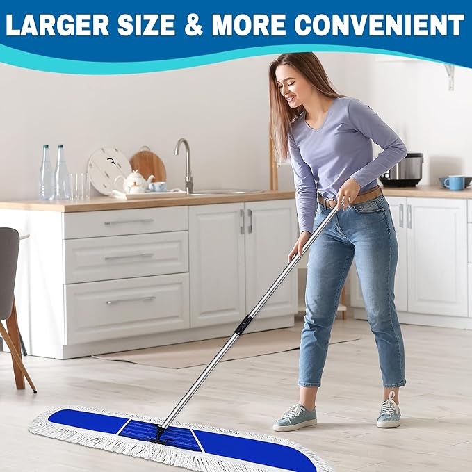 48 inch Commercial Dust Mop for Hardwood Floors, Large Size Dry Mop, Reusable Cotton Yarn Head, Telescopic Stainless Steel Handle, Industrial dust mops for Floor Cleaning, Marble, Blue