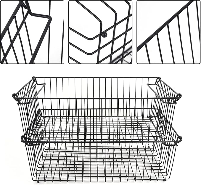 Set of 2 Stackable XXL Wire Baskets For Pantry Storage and Organization -16x12in Large Metal Food Baskets -Vegetable,Fruit,Potato,Onio, Pantry Storage Bins With Handles (White, XXL)