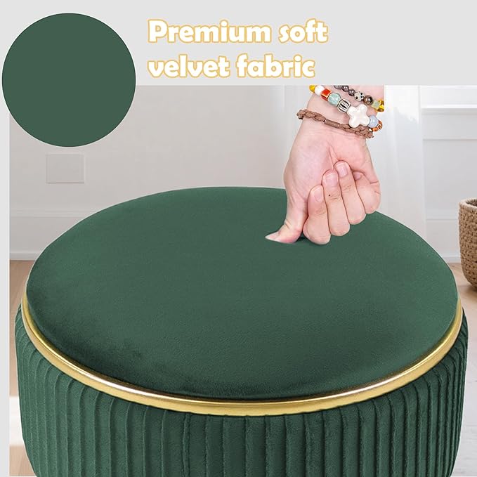 Adjustable Vanity Stool with Storage, 360° Swivel Makeup Stool Chair Small Velvet Round Ottoman with Gold Base for Bedroom, Green