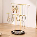 Gold Jewelry Holder Stand with Ceramic Tray: Small Hanging Necklace Organizer Tree for Earrings, Bracelets, Rings – Jewelry Display Hanger for Women & Girls, Black