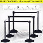 6PACK BESEA Crowd Control Stanchions Set Heavy Duty Crowd Control Barriers with 10' FEET Black Retractable Belt, Rubber Base(6PACK)