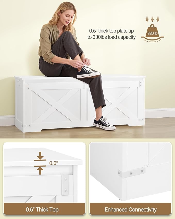 47.2" Storage Chest, Large Storage Trunk with 2 Hinges, Farmhouse Wooden Box Bench, Lift-Top Organizer Chest, Entryway Trunk for Bedroom, Living Room, White SB12103X