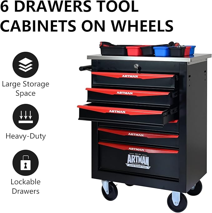 6-Drawer Heavy-Duty Rolling Steel Tool Cart with Handle&Wheels, Metal Storage Organizer Cabinet, Tool Chest for Efficient Tool Storage in Garage, Warehouse, Workshop, Repair Shop, Black&RED