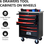 6-Drawer Heavy-Duty Rolling Steel Tool Cart with Handle&Wheels, Metal Storage Organizer Cabinet, Tool Chest for Efficient Tool Storage in Garage, Warehouse, Workshop, Repair Shop, Black&RED