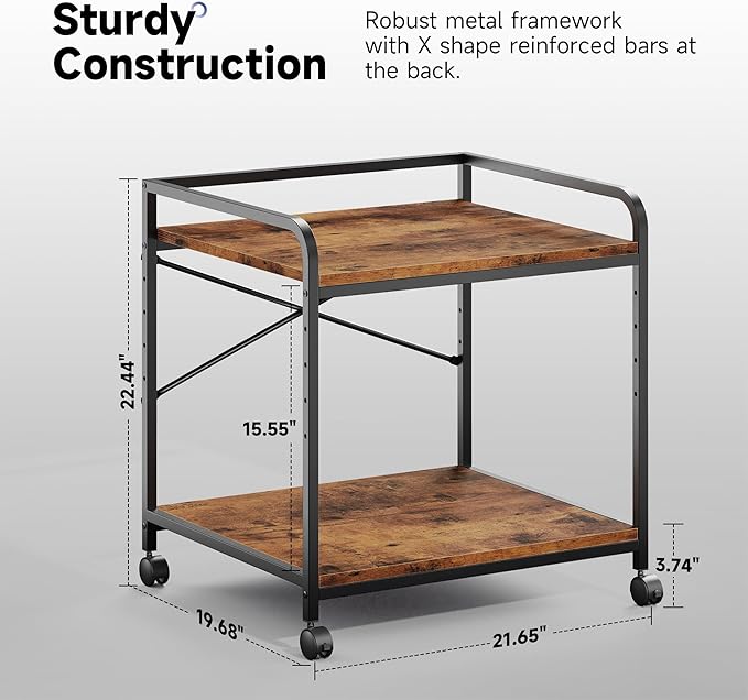Warmiehomy 2 Tier Printer Stand with Storage, 22 Inches(55cm x 50cm) Under Desk Rolling Printer Cart with Height Adjustable Shelf, Large Printer Table for Home Office, Rustic Brown
