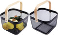 IBWell Square Metal Wire Woven Fruit Storage Bowl Basket with Wooden Handle, Large Black Mesh Fruit Stand, Multi-function Hanging Kitchen Baskets (Black, Nomal 2PCS)