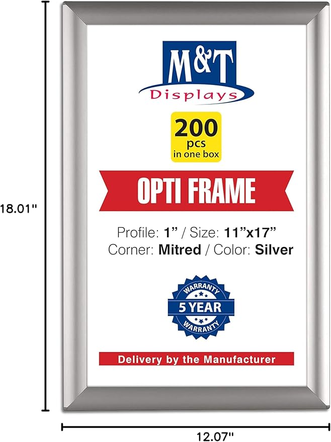M&T Displays Opti Snap Poster Frame 11x17 Inch Silver 1" Aluminum Profile Front Loading Wall Mounting Photo Picture Document Certificate Sign Holder Mitered Corner Anti Glare Cover (200 pack)