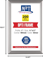 M&T Displays Opti Snap Poster Frame 11x17 Inch Silver 1" Aluminum Profile Front Loading Wall Mounting Photo Picture Document Certificate Sign Holder Mitered Corner Anti Glare Cover (200 pack)