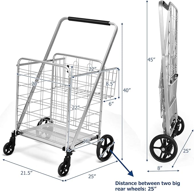 Goplus Folding Shopping Cart, Jumbo Double Basket Utility Grocery Cart 330lbs Capacity with 360° Rolling Swivel Wheels, Portable Heavy Duty Cart for Laundry Shopping Grocery