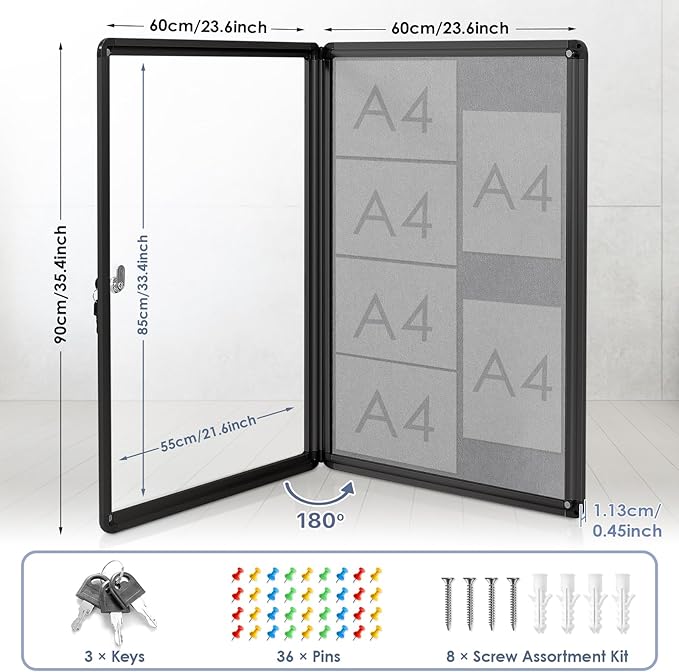 Enclosed Bulletin Board 36x24 in, Lockable Felt Board Bulletin Board for Office School Home Commercial, Tamperproof and Shatter Resistant, Black Aluminum Frame, Grey Felt